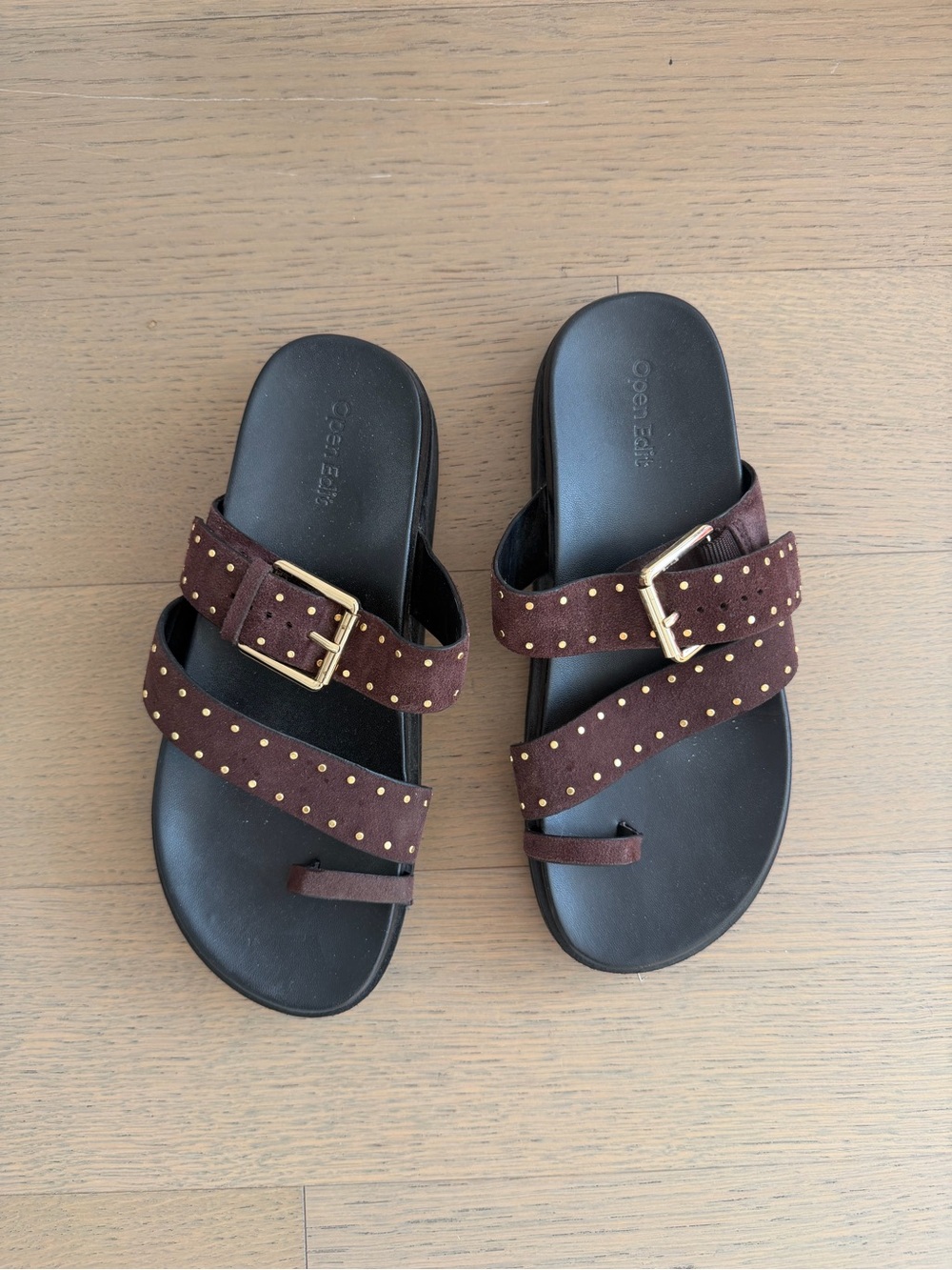 Open Edit brown leather sandals with gold studs